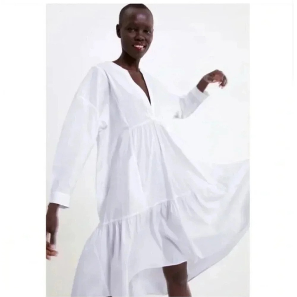 Zara White Poplin Tiered Blogger Fave Dress